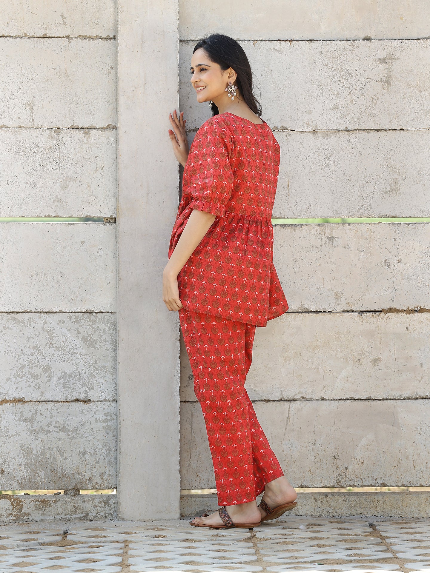 Red Cotton Hand Block Bagru Printed CO-ORD Set with Elastic Sleeves